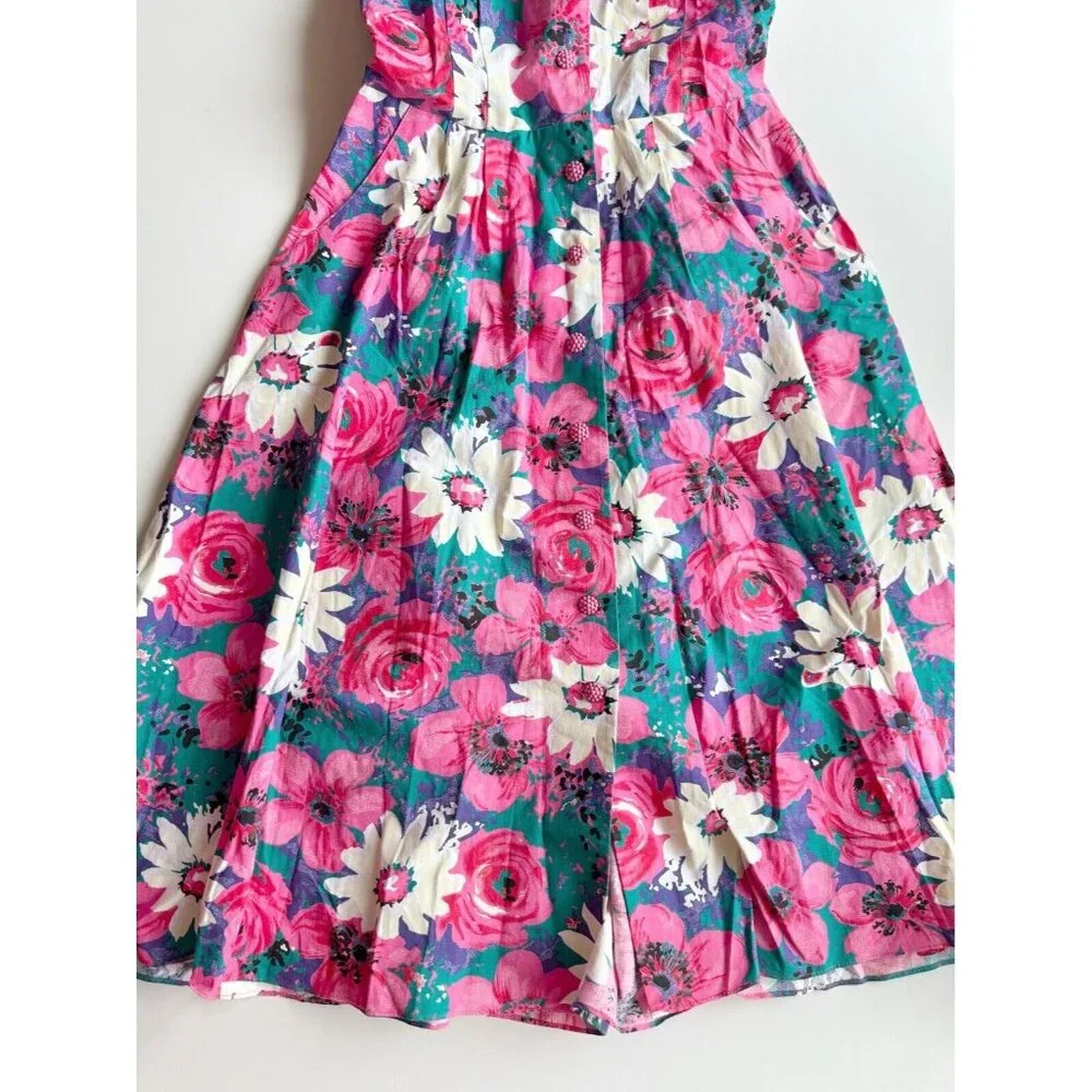 Vintage 80's CANNES Pink Floral Cotton Canvas Halter Midi Circle Dress, Size 14 - Picture 10 of 15